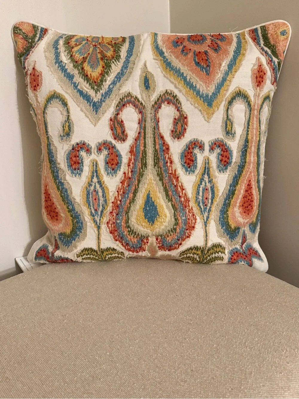 Pottery Barn Cream Pillow 18x18 Cover Blue, Green, Yellow, Coral Paisley Embroid